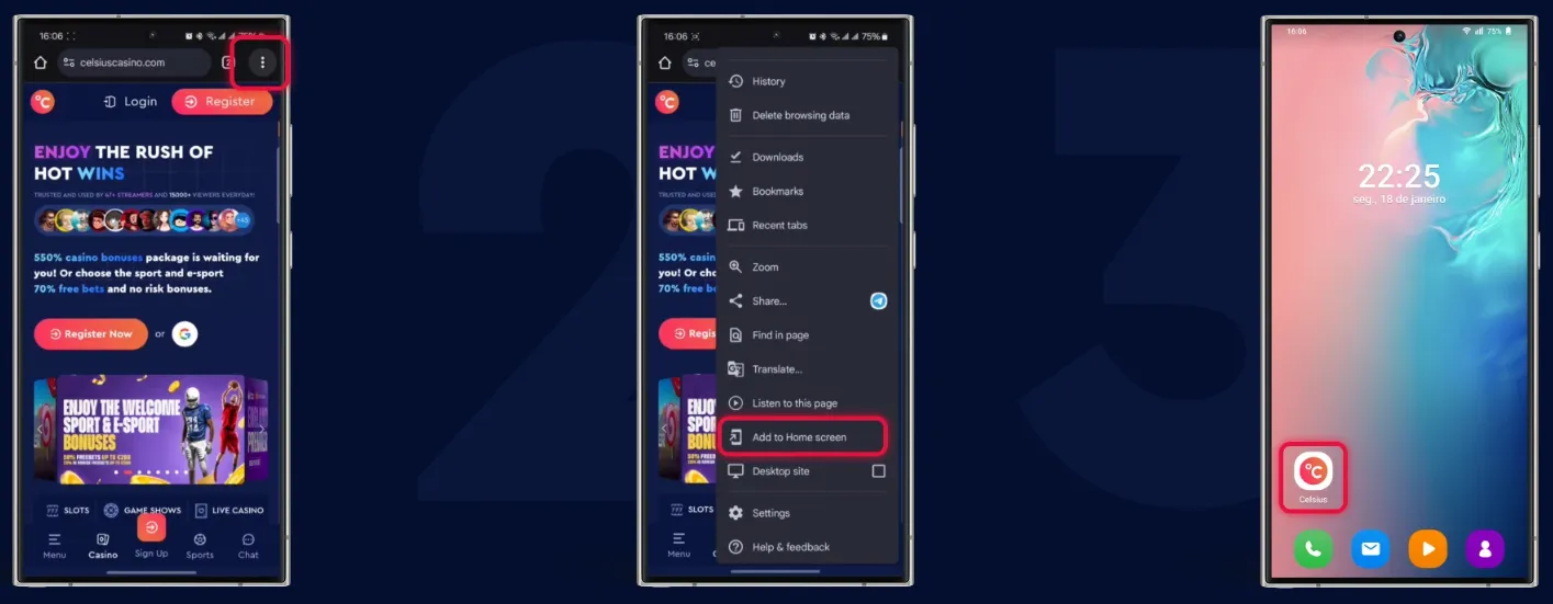 Installation PWA Android Celsius Casino