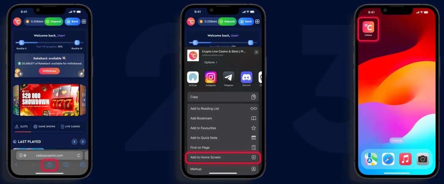 Installation PWA iOS Celsius Casino