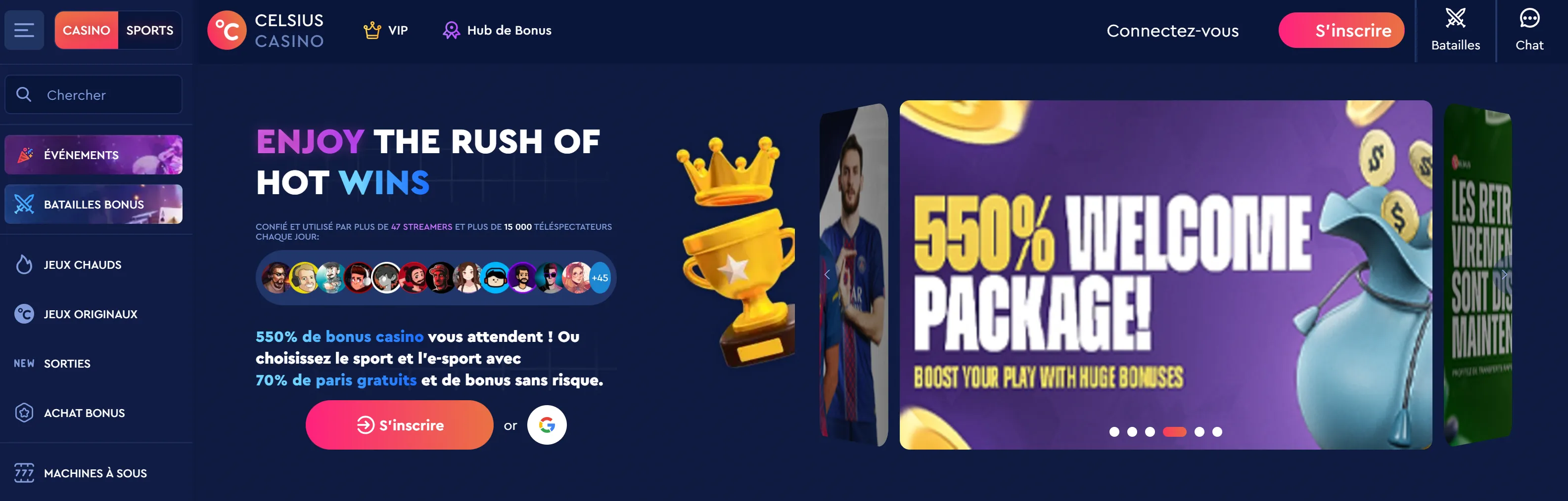 Interface utilisateur Celsius Casino